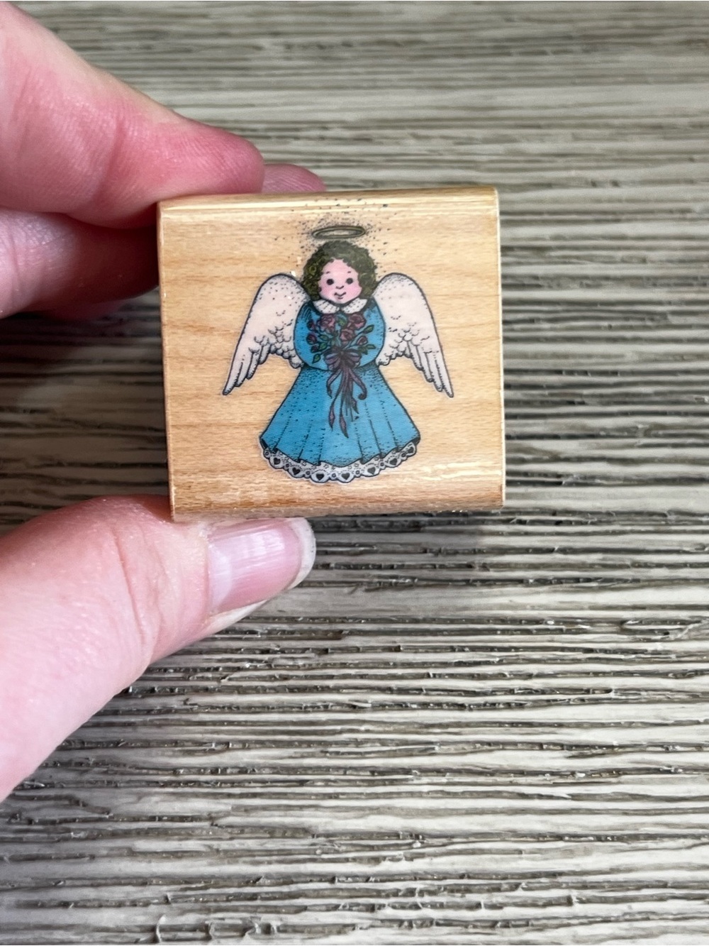 Angel Wood Stamp - Blue Dress Angel Design